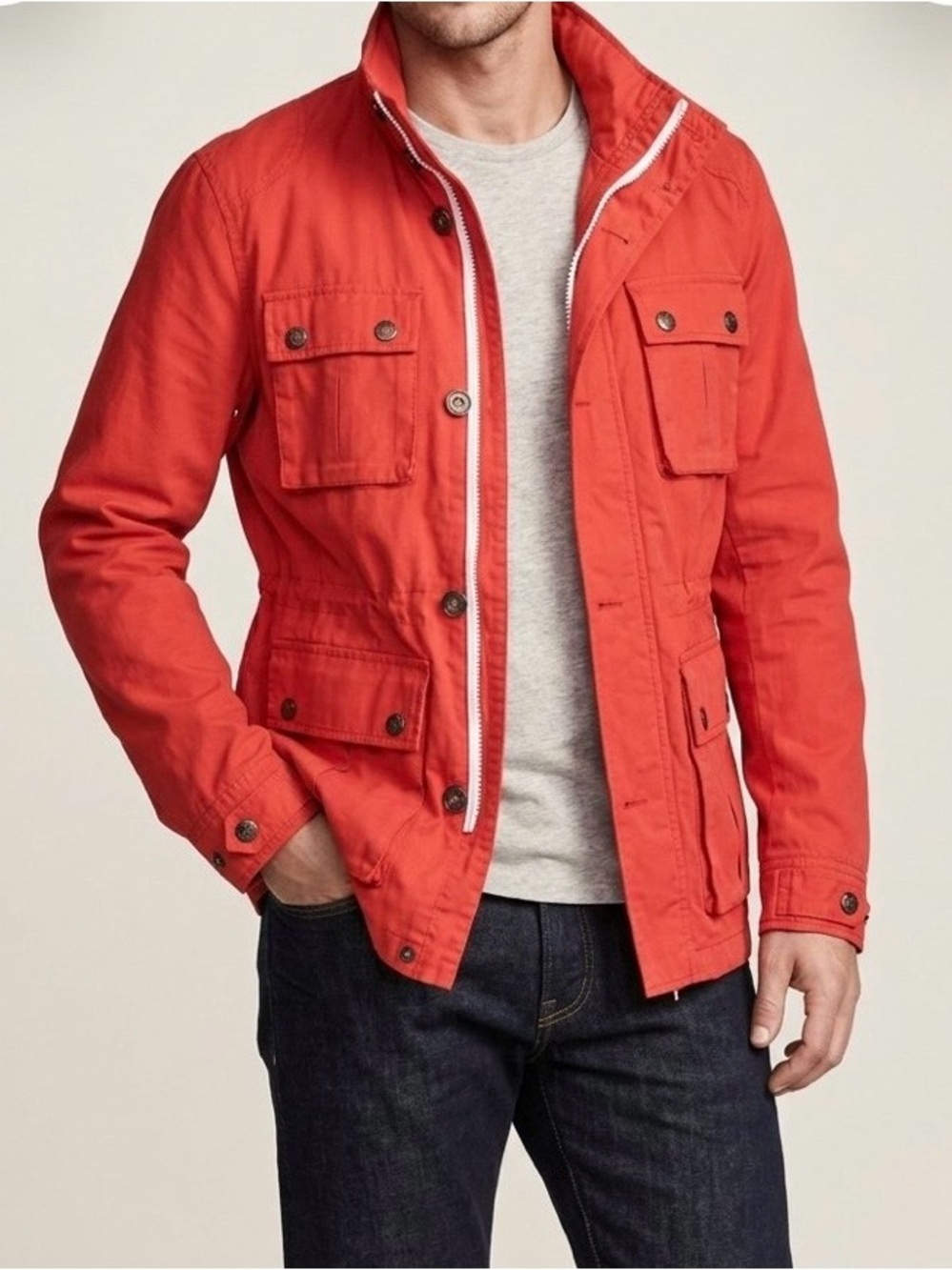 H&M Men's Orange Field Jacket Retro Full Zip Drawstring coastal fisherman 38R